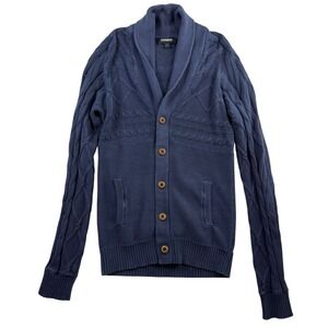 Express Sz S Cardigan Sweater Shawl Collar Fisherman Navy Knit Button Front Mens